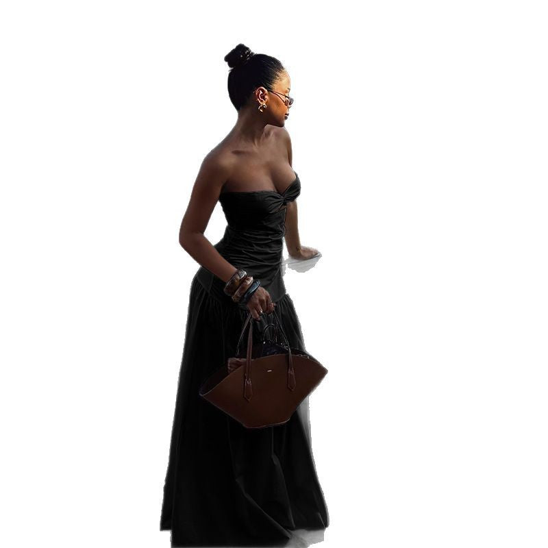 Beach style fake strapless hollow dress for women