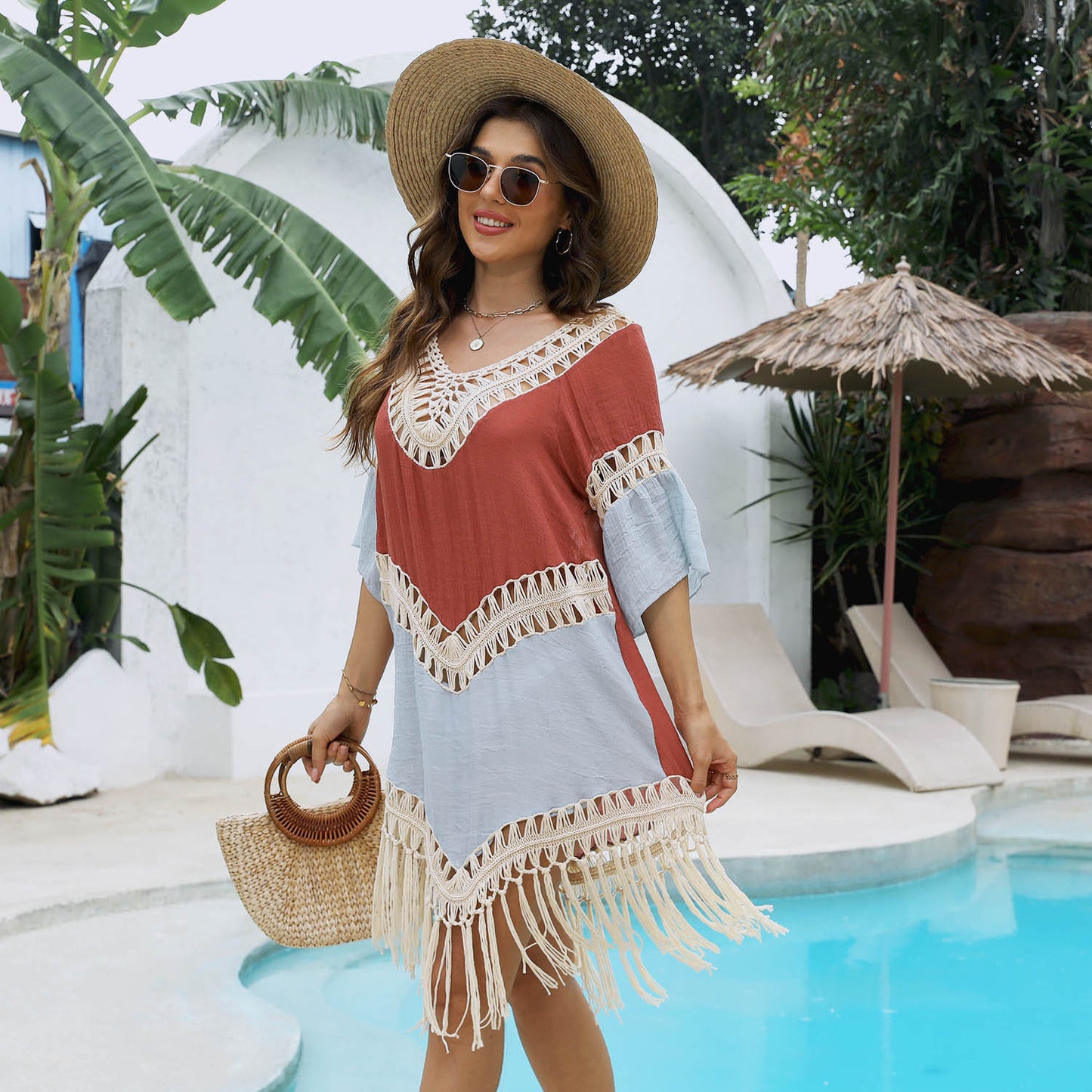 Hollow Crochet Beach Dress Hollow Crochet Beach Cover-up Handmade Patchwork Bamboo Cotton Fringe Beach Cover-up
