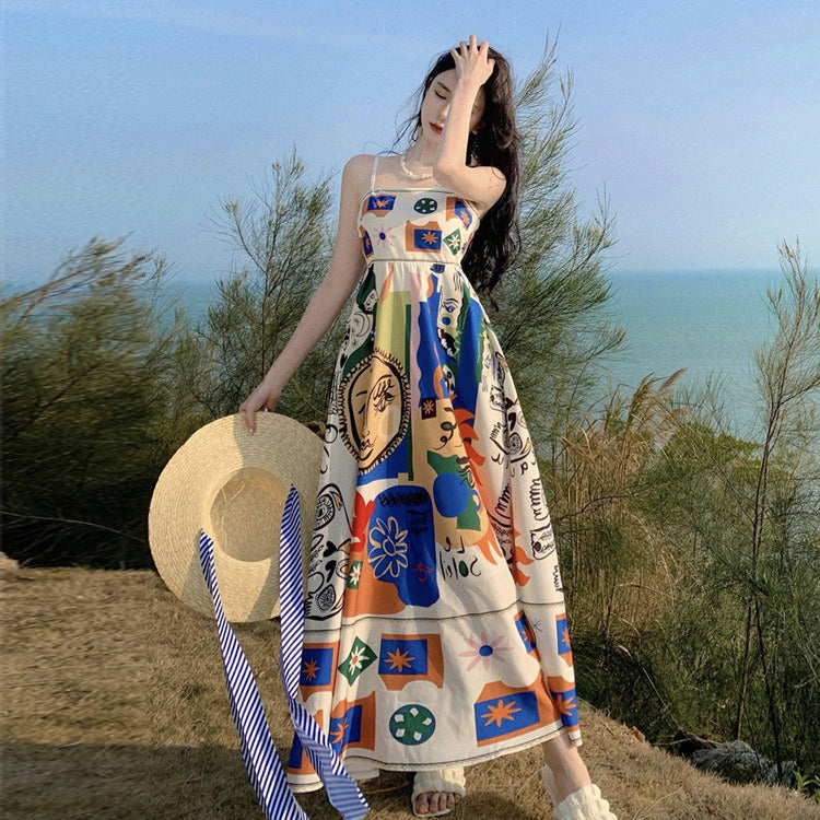Colorful printed one shoulder sleeveless beach long dress beach strapless suspender dress for women