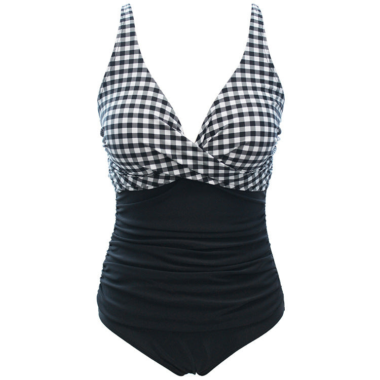 New One-Piece Triangle Swimsuit Women's V Neck Color Matching Shrink Wrinkle Cover Belly Sexy Backless