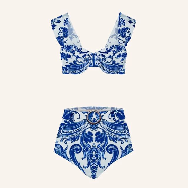 Blue And White Porcelain Print Bikini High Waist Cropped Sexy Halter Bikini Women's Fashion Irregular Strap Beach Cover Up
