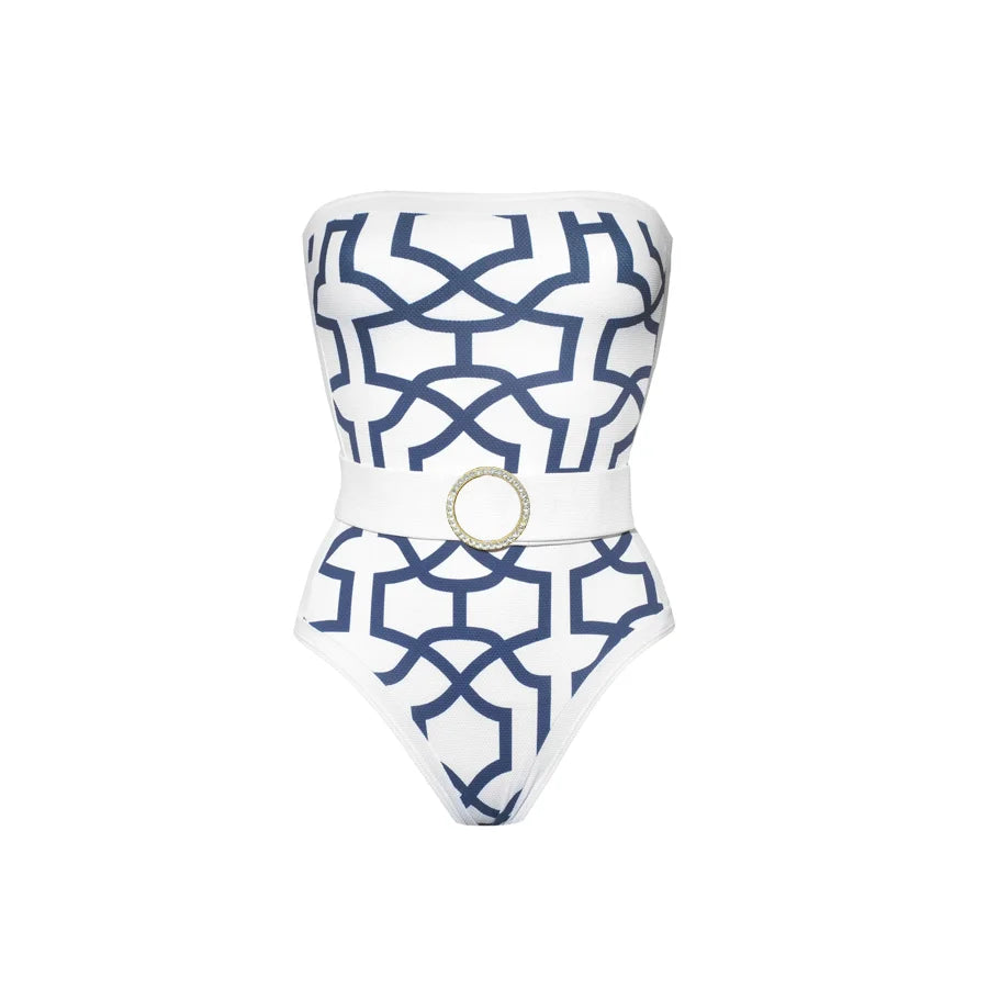 Women's Geometric Print One Piece Swimsuits Cover Up Fashion Bikinis Sets Strapless Bandage Swimwear Bathing Suit Beachwear