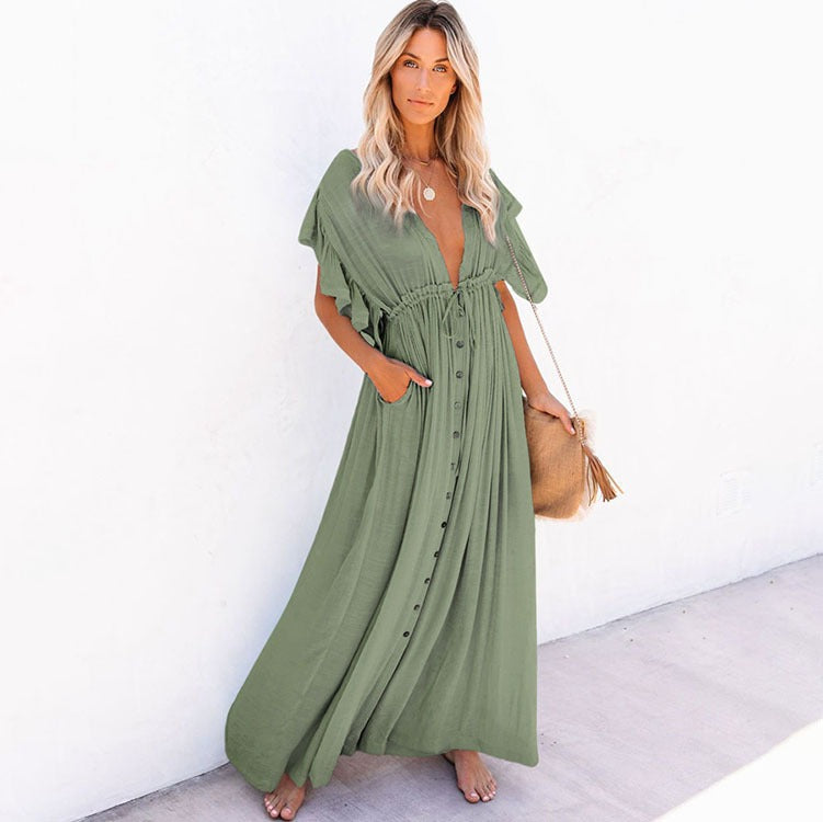 Bamboo single breasted waist drawstring beach cover up shirt vacation dress bikini cover up shirt 10 colors