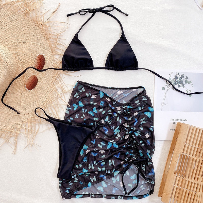 3-piece high waist mesh swimsuit Sexy triangle micro bikini set Butterfly print swimwear women String solid halter bathing suit