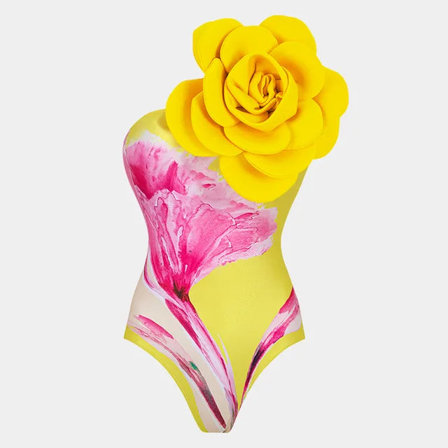 New One Piece Swimsuit Women Swimwear 3D Big Flower Decorative Printed Swimsuit Monokini Sexy Swimwear Girls Summer Beach
