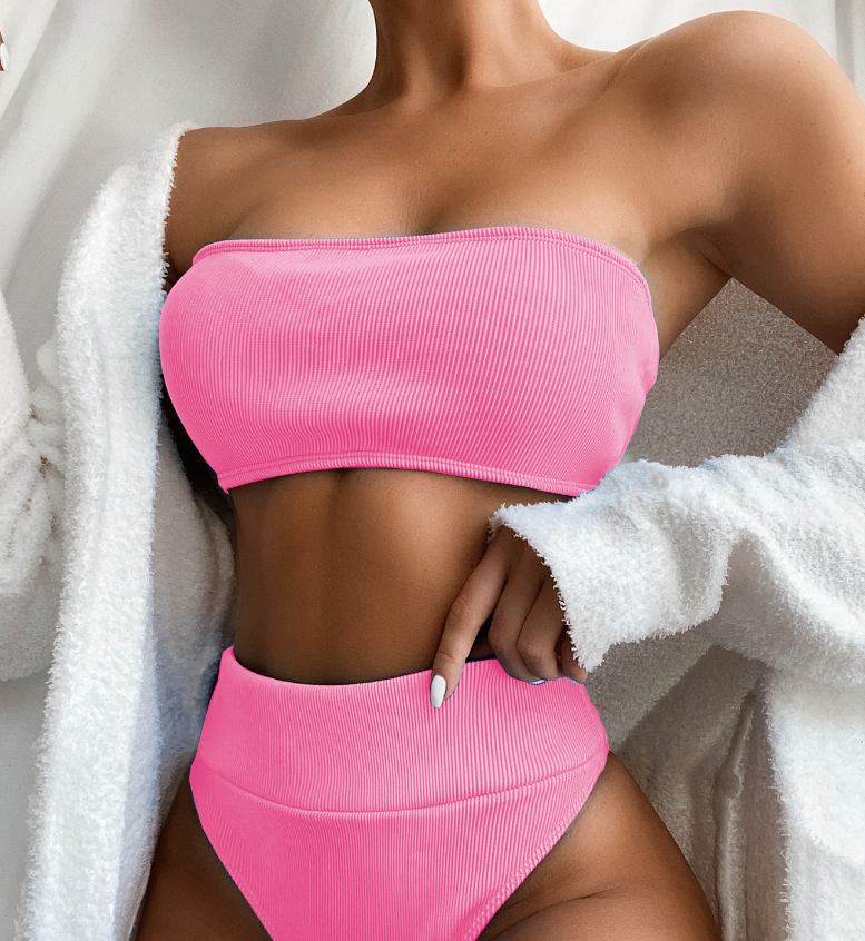 High Waist Bikinis Bandeau Swimsuits Swimwear Women Black Strapless Biquini High Cut Bathing Suit Women Beachwear
