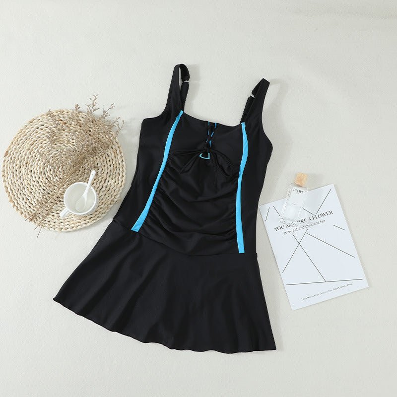 Skirt style one piece swimsuit summer new solid color pleated suspenders conservative swimsuit women
