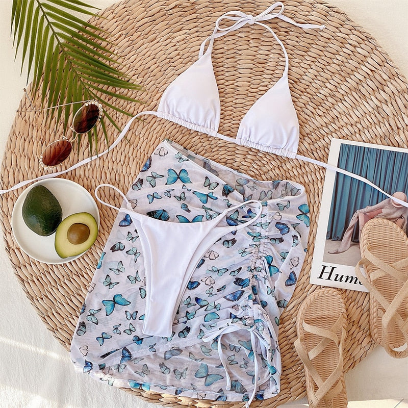 3-piece high waist mesh swimsuit Sexy triangle micro bikini set Butterfly print swimwear women String solid halter bathing suit