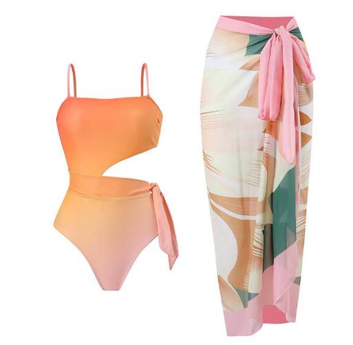 Gradient Print Fashion Swimsuit Set Cover Up Biquini Naranja Swimwear With Skirt Patchwork Women's Bandage Summer Beach