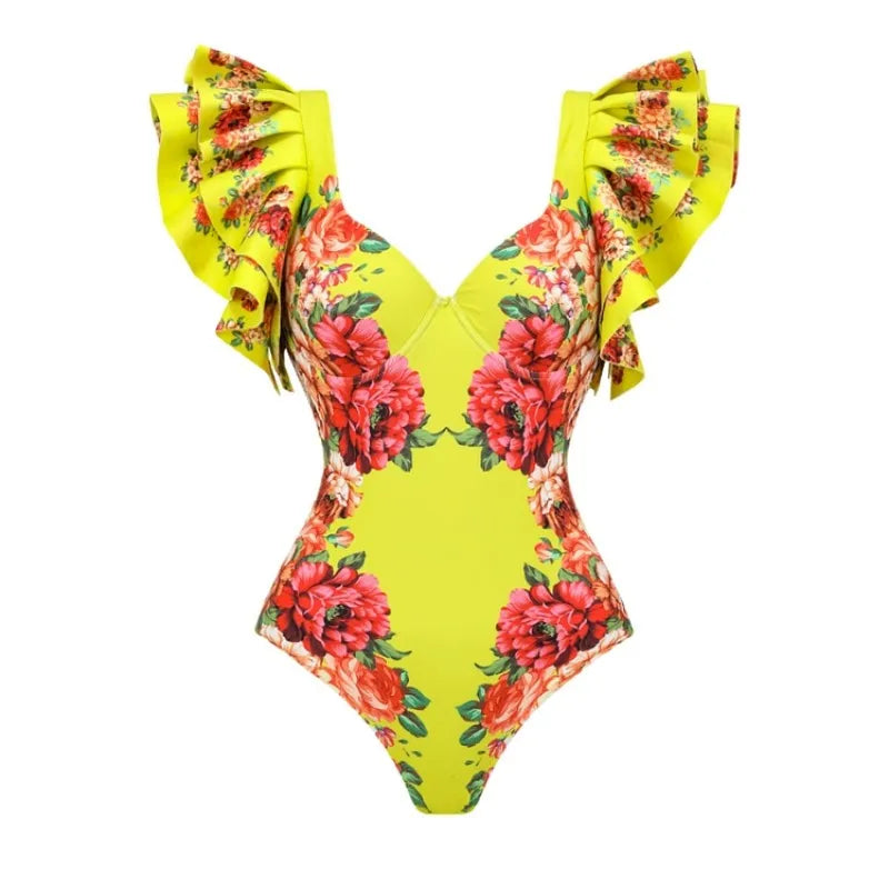 One Piece Bathing Suit for Women with Bikini Maxi Wrap Skirt 2Pcs Floral Print Swimsuit High Waist Tummy Control Beach Suits