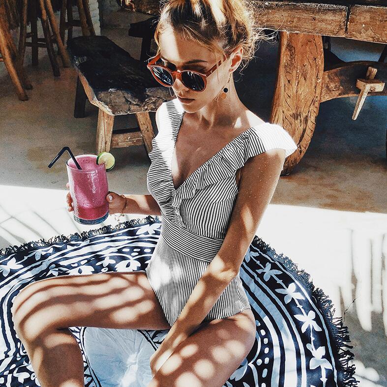 Sexy Printed Swimsuit Women Ruffled One Piece Swimsuit Striped High Waist Push Up Swimwear Female Retro Bodysuit Monokini