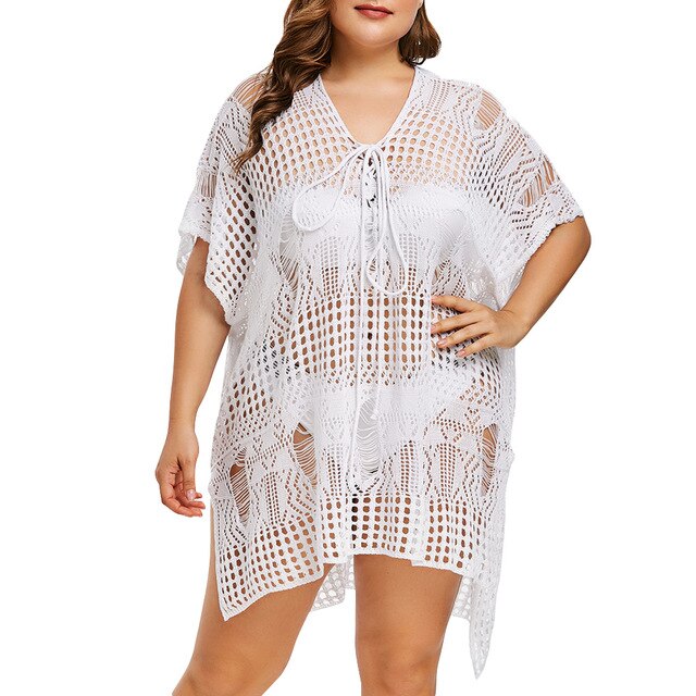 Plus Size Side Slit Crochet Beach Dress Women Asymmetrical Cover Sexy Up Short Sleeves V-Neck Summer Casual Dress Vestido