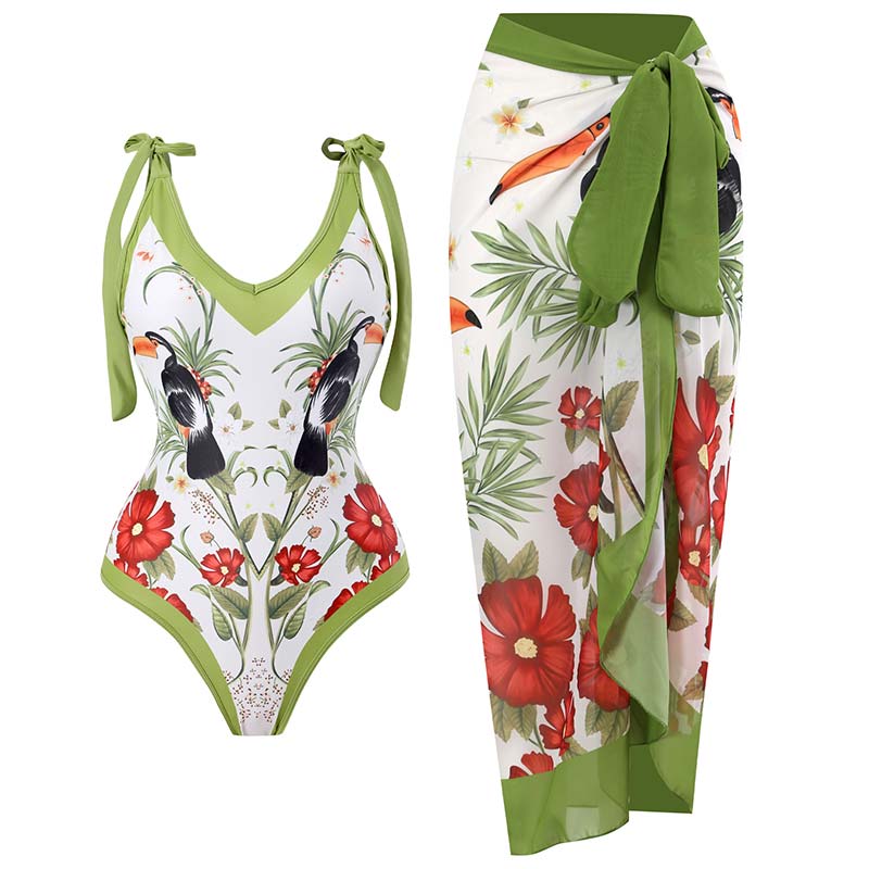 Women's One Piece Swimsuit Dress Vintage Swimwear Luxury Print Cover Up Summer Beach Bathing Suits Skirt