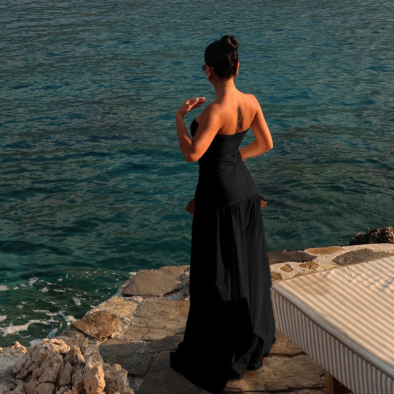 Beach style fake strapless hollow dress for women