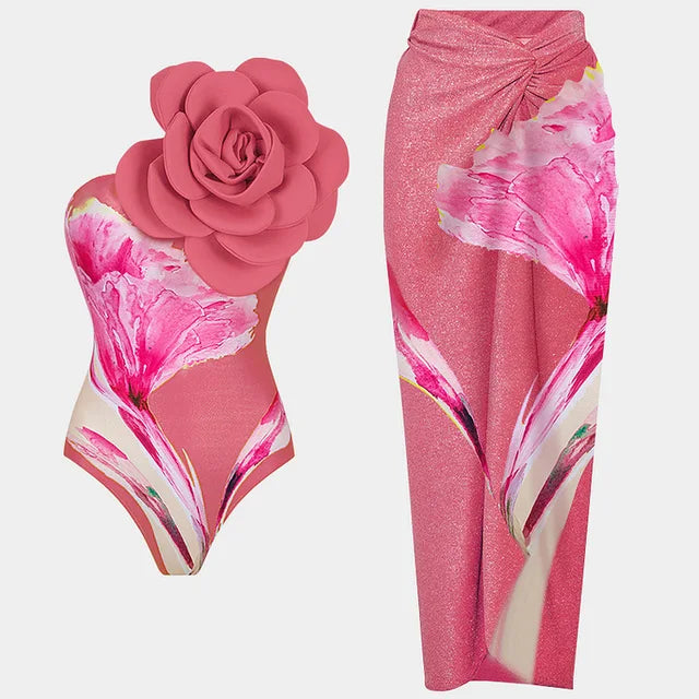 New One Piece Swimsuit Women Swimwear 3D Big Flower Decorative Printed Swimsuit Monokini Sexy Swimwear Girls Summer Beach