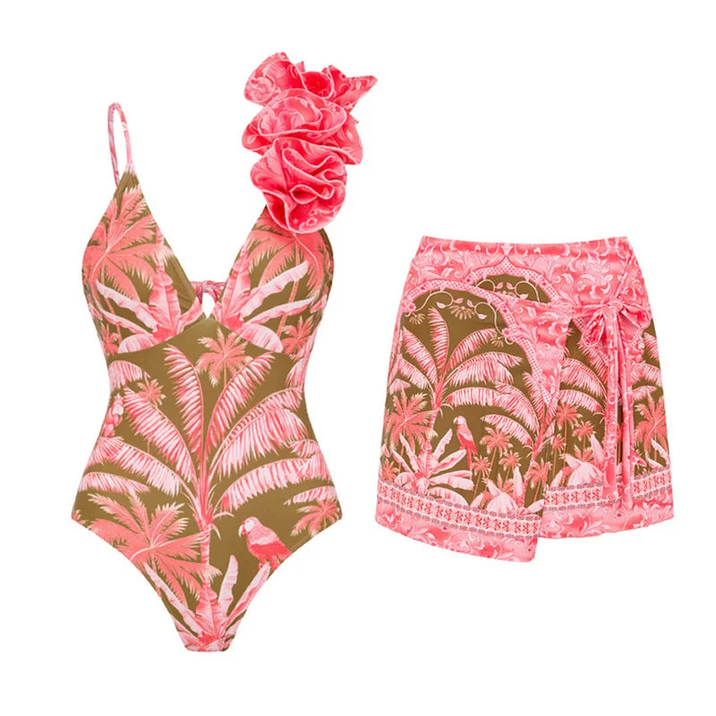 3D Flower New V Neck One Piece Swimsuit For Women Swimwear With Skirt Bathing Suit Monokini Beach Bodysuit Beach Wear