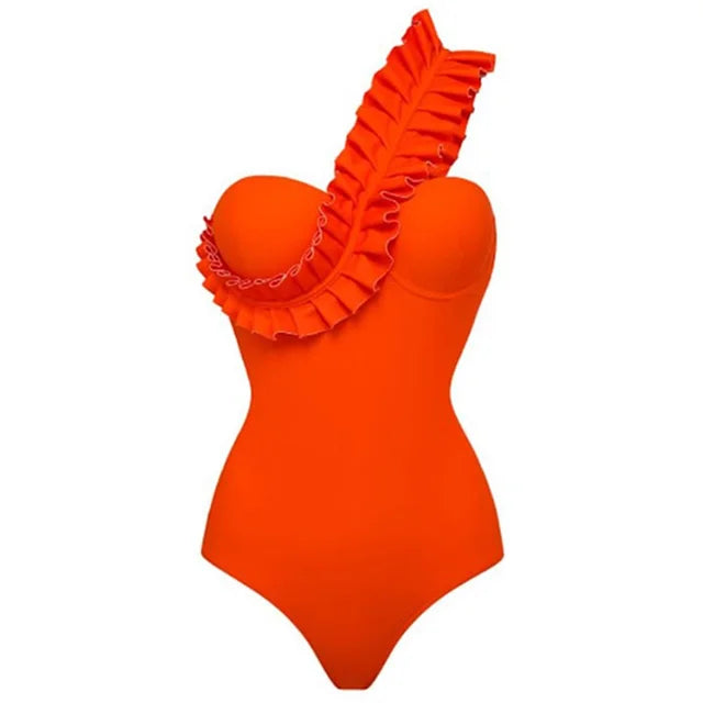 One Piece Swimsuit  New Sexy Solid Ruffle Swimwear Women Yellow Bathing Suit Beach Wear Backless Monokini