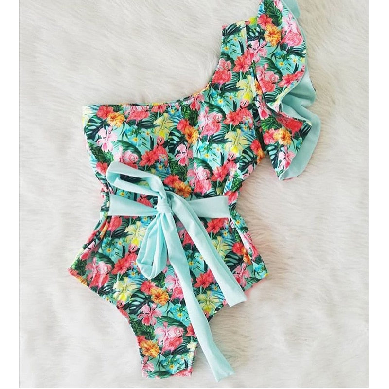 New Print Swimwear Deep V-neck Ruffle Swimsuit Push Up One Piece Swimsuit Beach Wear Backless Monokini