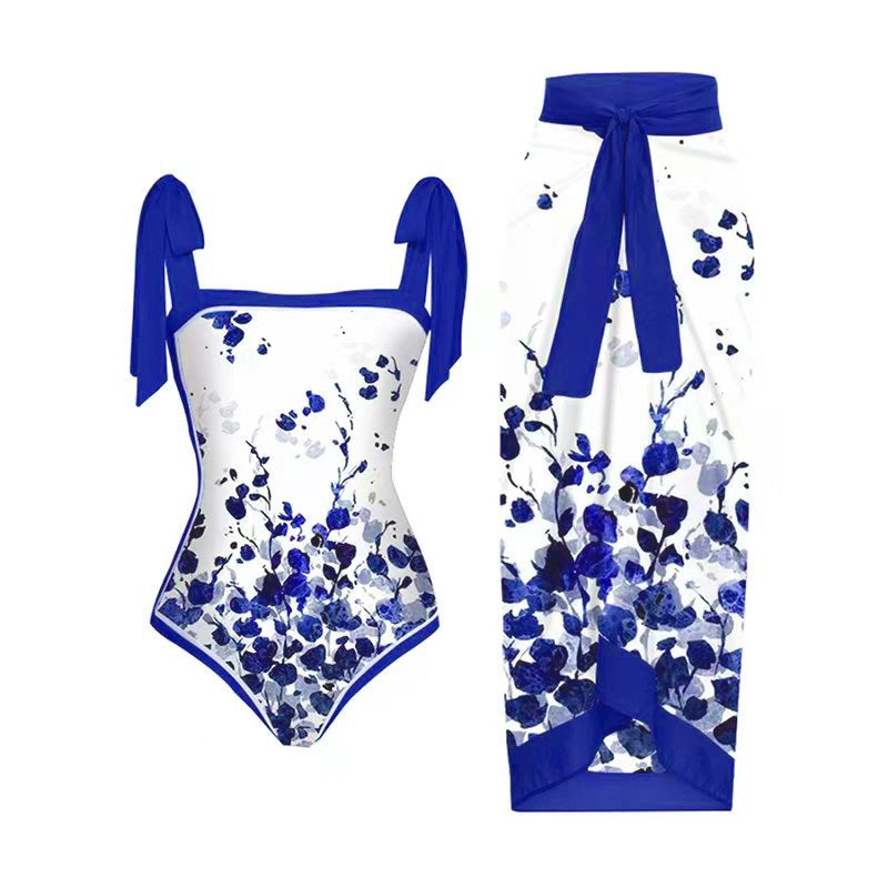 Vintage printed swimsuit conservative One-piece swimsuit women's printed beach skirt suit