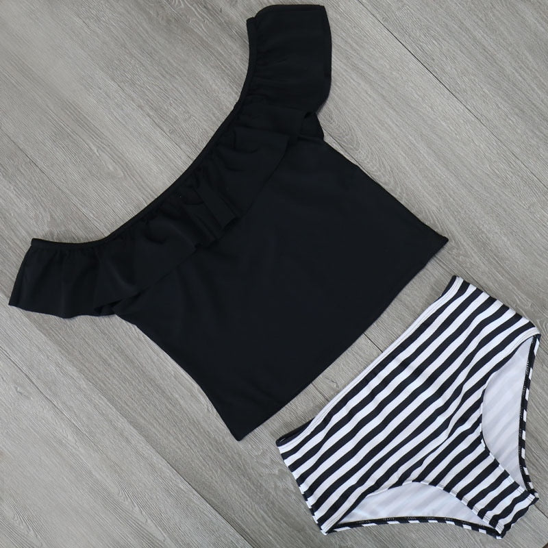 Sexy Tow Pieces Bodysuits Print Swimwear Women Swimsuit Shoulder Ruffle Bathing Suit Beach Wear Plus Size Tankini