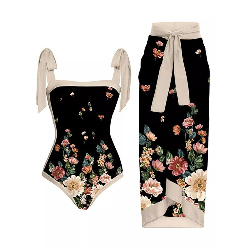 Vintage printed swimsuit conservative One-piece swimsuit women's printed beach skirt suit