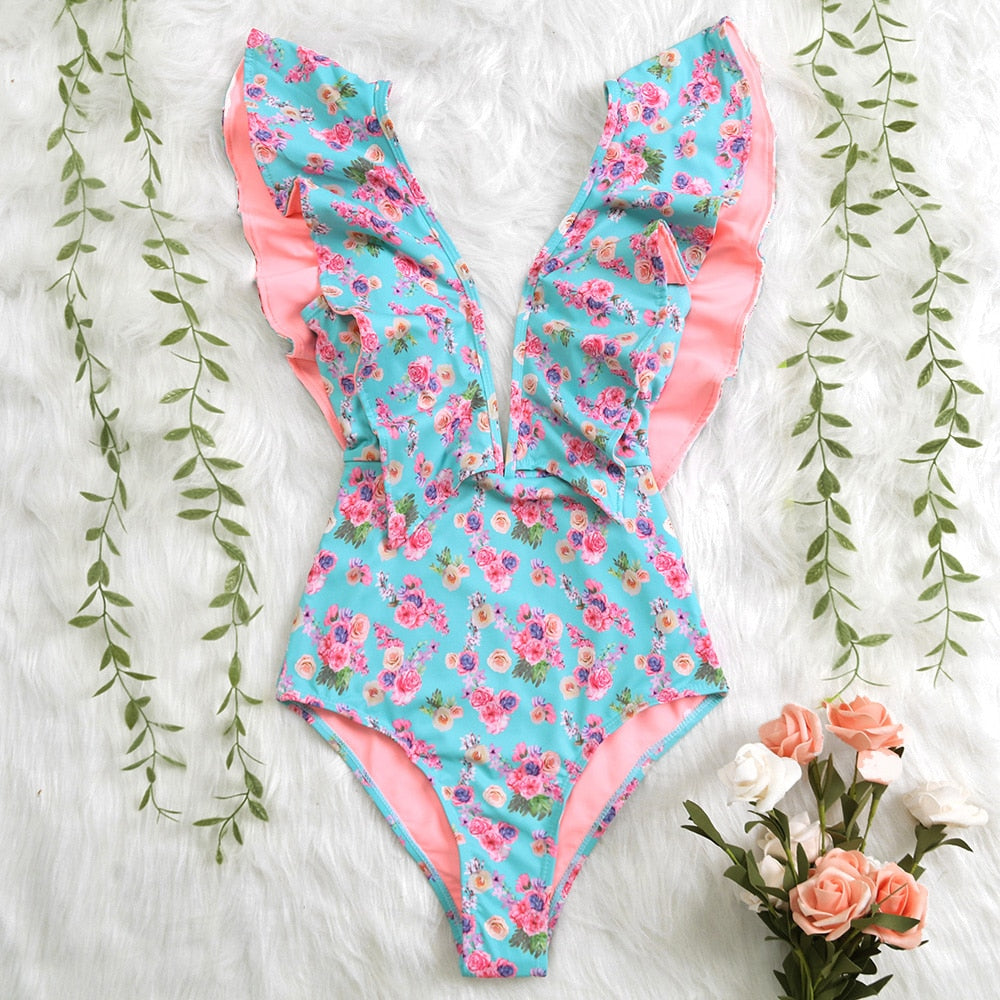 New Print Swimwear Deep V-neck Ruffle Swimsuit Push Up One Piece Swimsuit Beach Wear Backless Monokini
