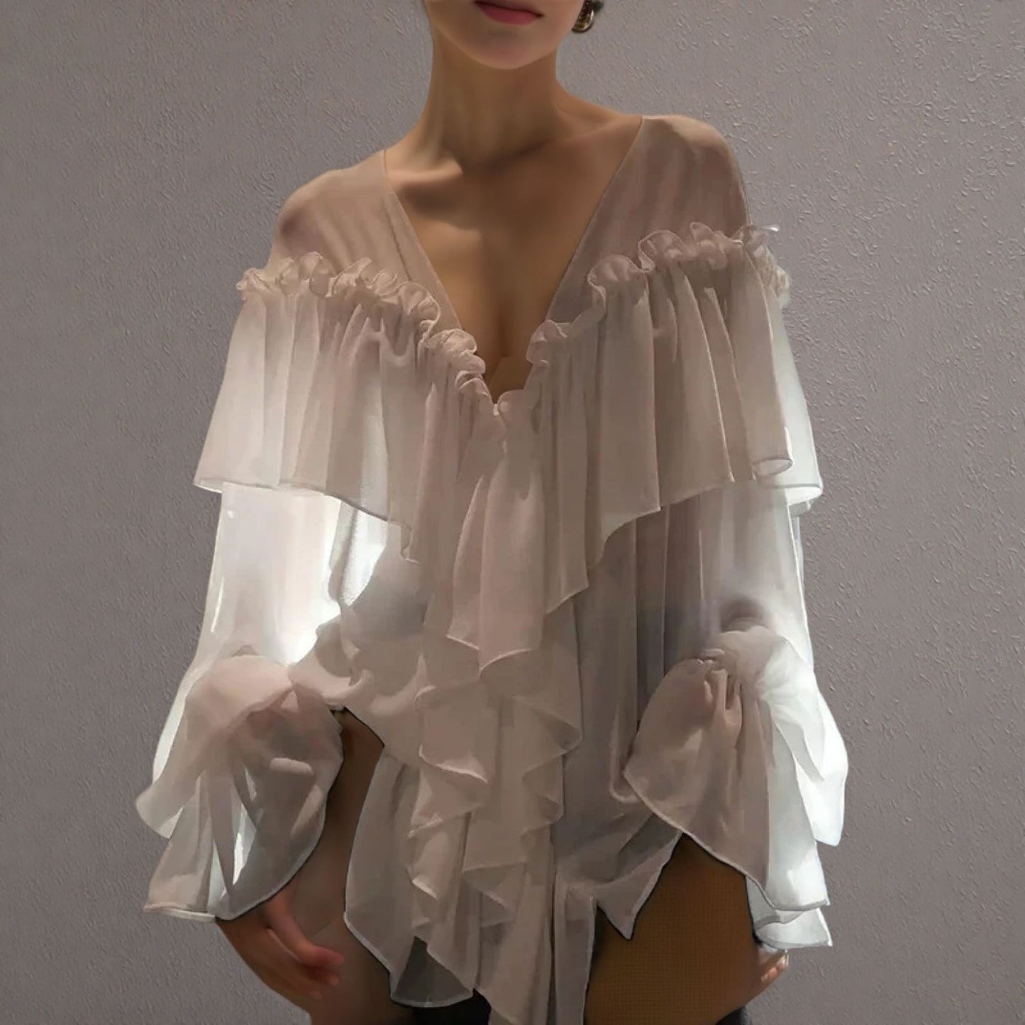 V-neck chiffon shirt sexy perspective beach cover shirt long sleeved top