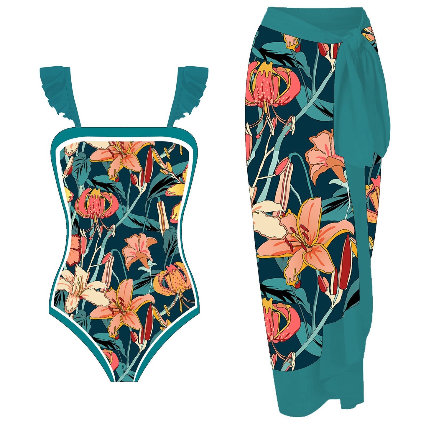 New Luxury Swimwear Women Vintage Sexy Two-Piece With Printed Swimsuit Long Skirt Set Conservative Bathing Suit Beachwear