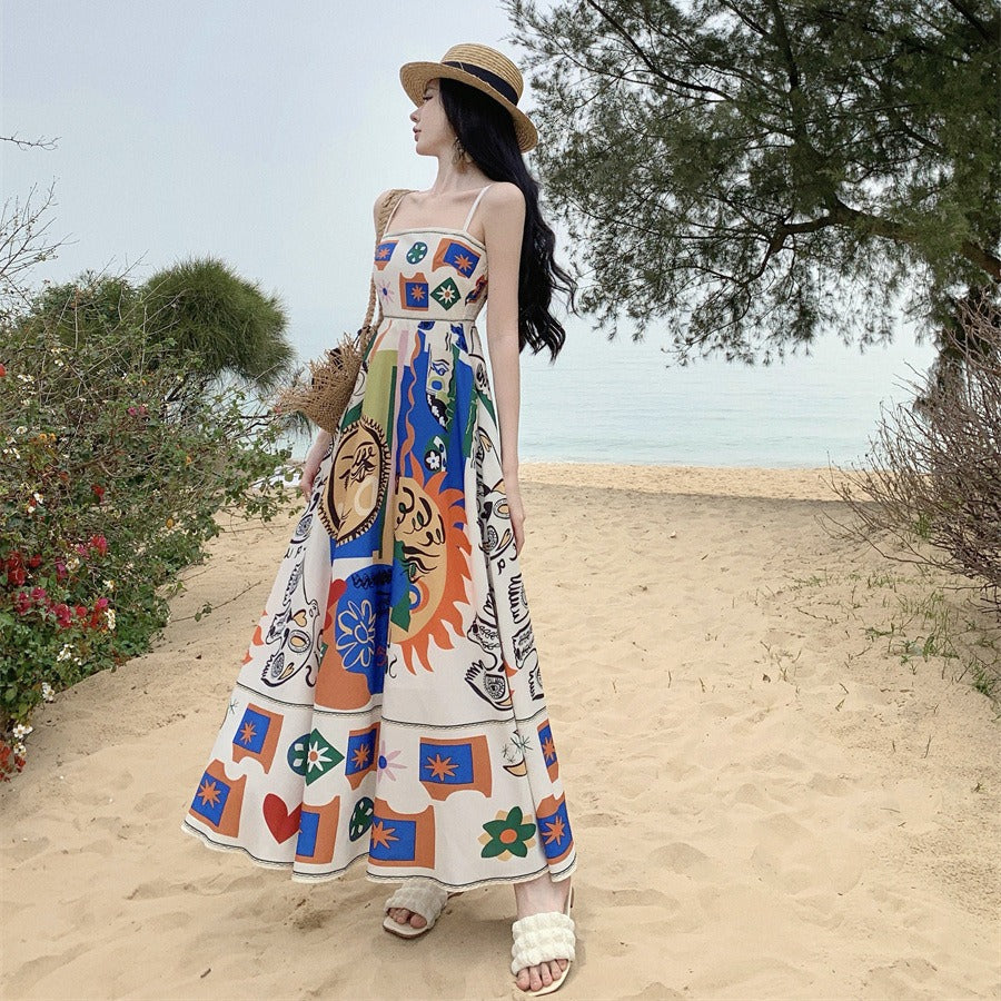 Colorful printed one shoulder sleeveless beach long dress beach strapless suspender dress for women