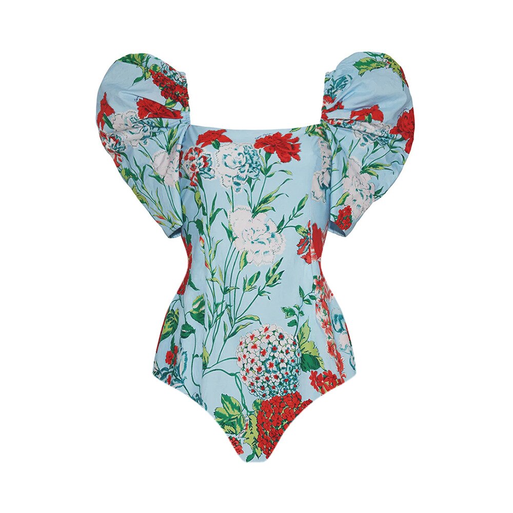Retro Print Ruffle Edge Swimsuit One Piece With Skirt Slim Bikini Suit Slash Neck Backless Swimwear Women Holiday Beach Cover-up