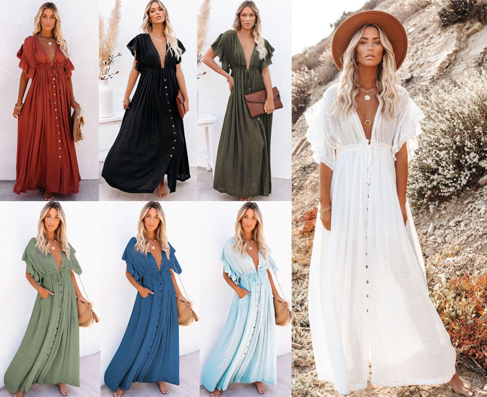 Bamboo single breasted waist drawstring beach cover up shirt vacation dress bikini cover up shirt 10 colors