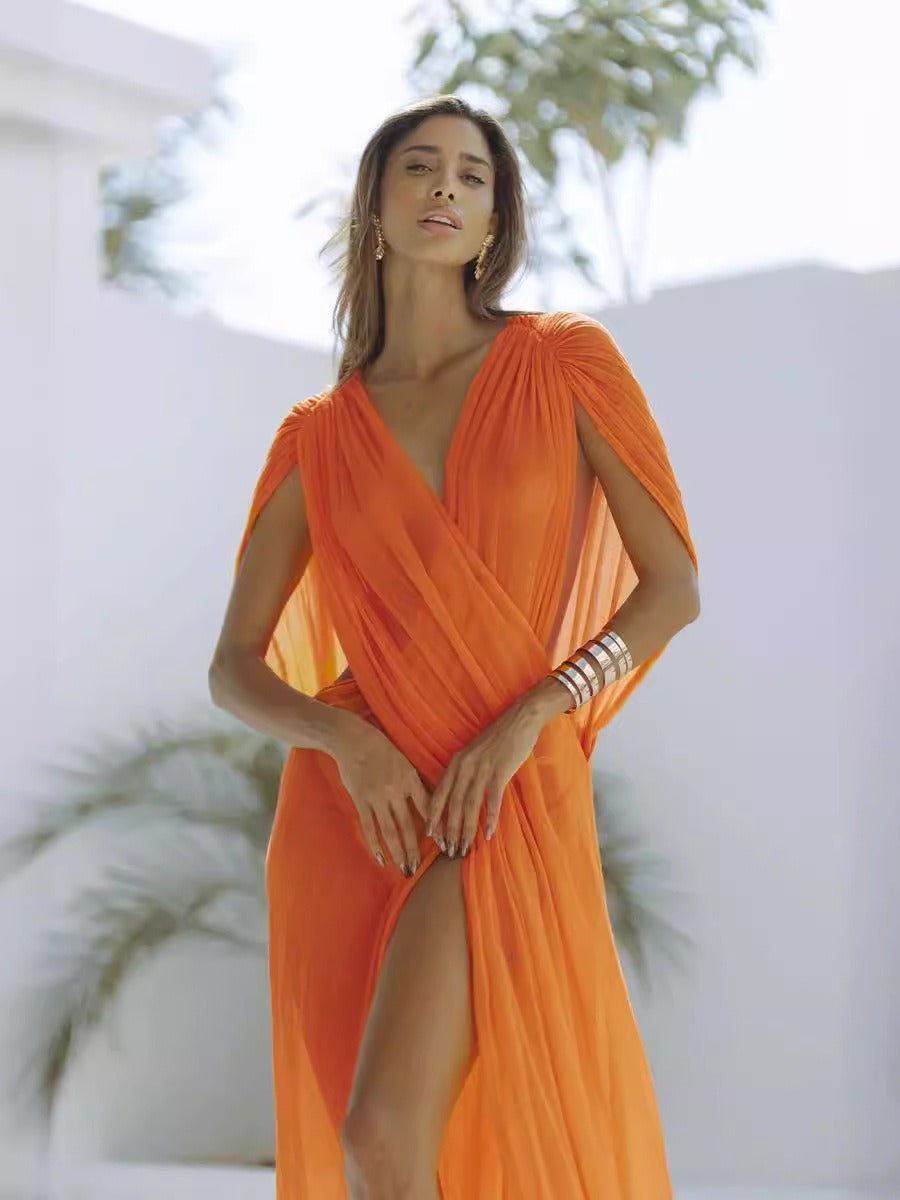 European and American women's beach vacation cover up sexy slightly transparent sleeveless dress