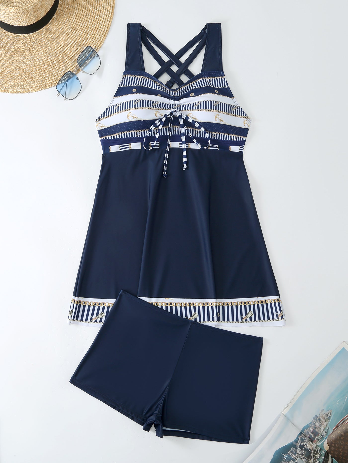 European and American printed split swimsuit women's skirt conservative hot spring bikini
