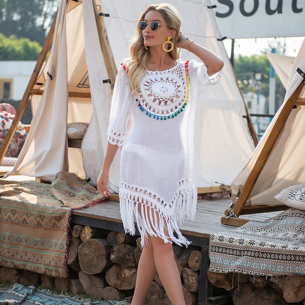 Hand Hook Large Circular Patchwork Loose Tassel Resort Style Beach Cover