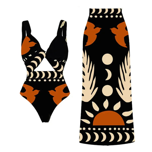 New Hollow Out One Pieces Swimwear+Skirt Bathing Suit Retro Matching Set for Women Two Peices Swimwsuit Bikinis Monokini