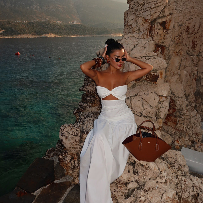 Beach style fake strapless hollow dress for women