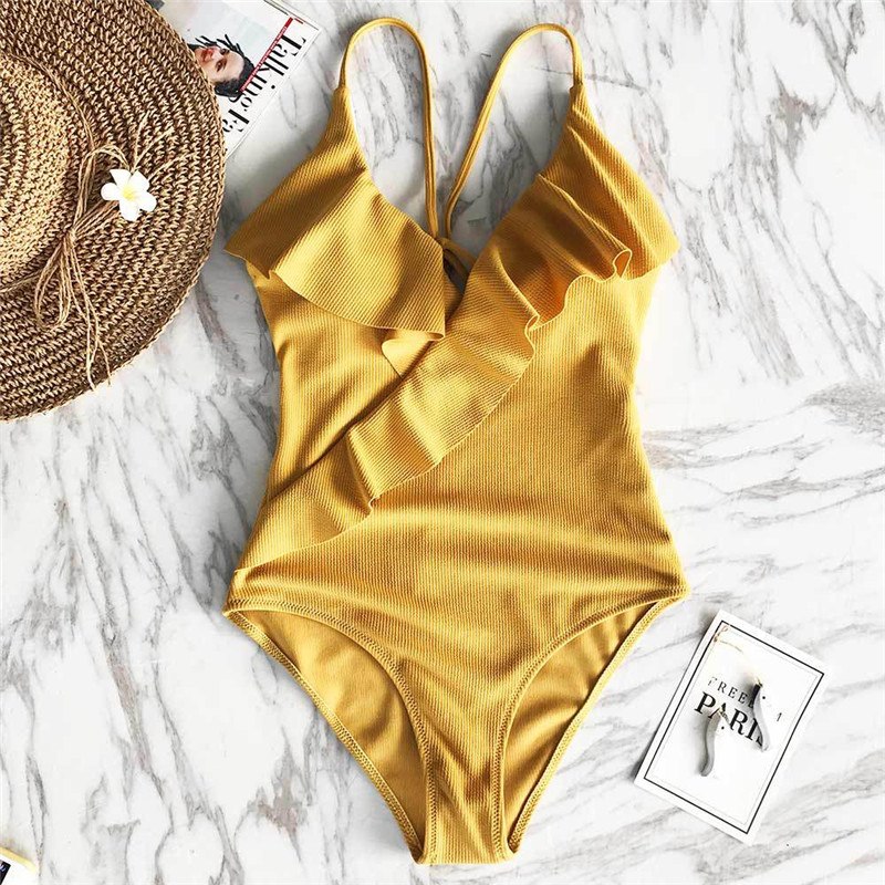 Sexy Solid Yellow One Piece Swimsuits For Female Women Print Floral Swimwear Bandage Backless Ruffle Brazilian Monokini