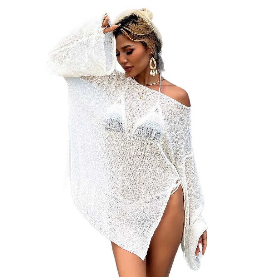 Hollow sequined swimsuit cover skirt sexy slit loose top beach skirt
