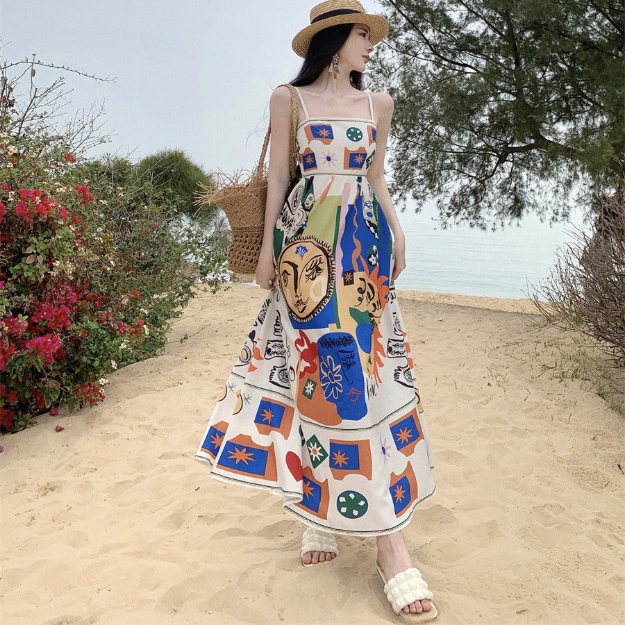 Colorful printed one shoulder sleeveless beach long dress beach strapless suspender dress for women