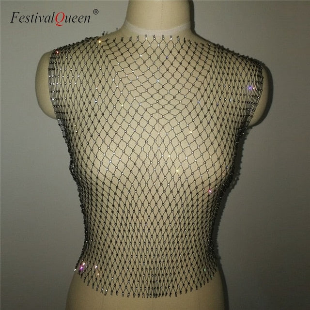 Sexy Diamonds Mesh Cropped Tank Top Women Summer Cover Up Bikini See Through Rhinestone Beach Party Crop Tops