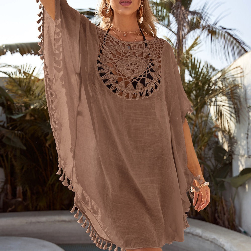 New Sexy Off Shoulder Hollowed Out Loose Fitting Oversized Tassel Bikini Inse Style With Beach Cover Up
