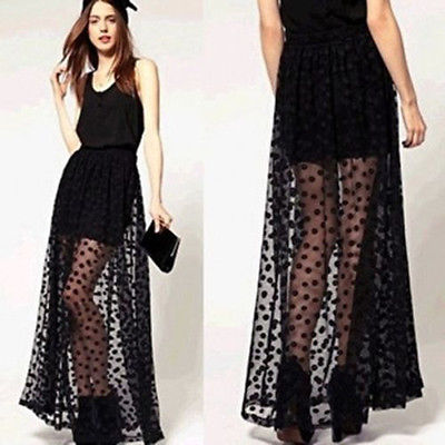 Meihuida Women Summer Beach Skirts Transparent Mesh Skirts Cover Up Women Skirts Ankel-Length Skirts