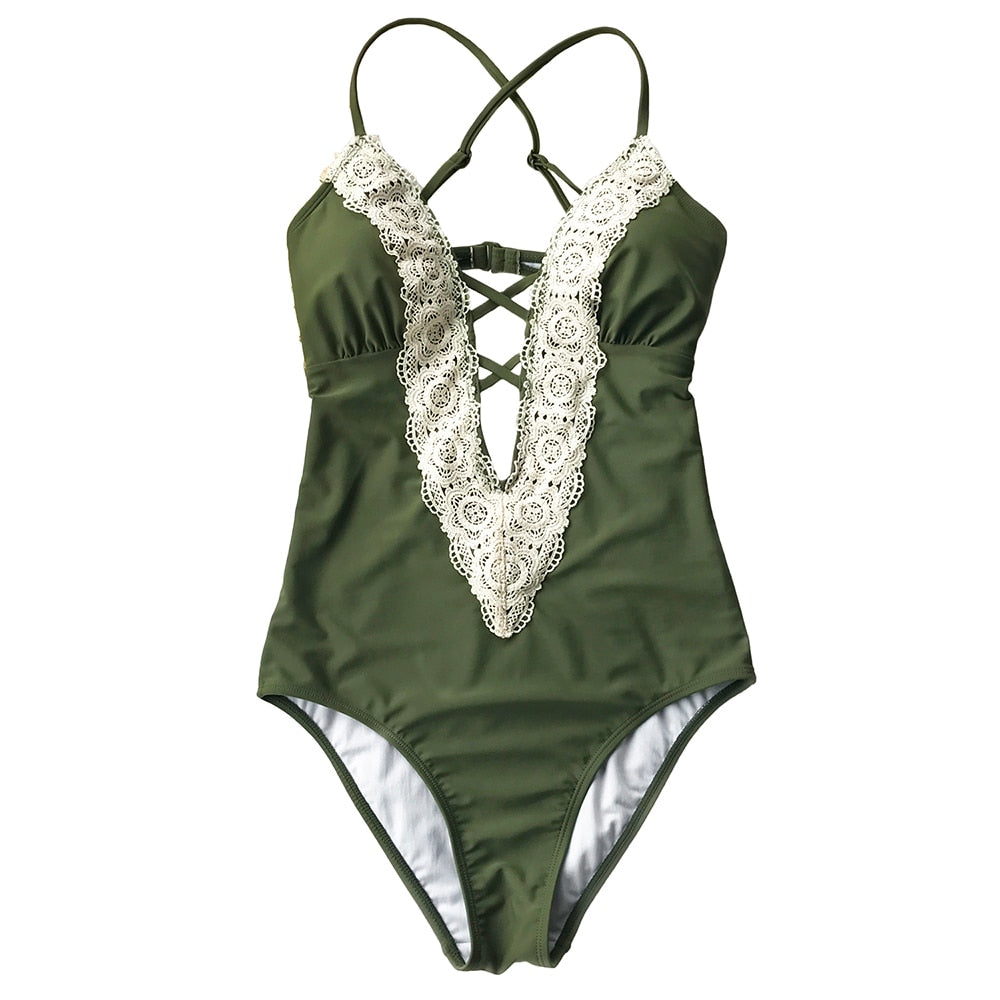 CUPSHE Lace Splicing Back Hook Closure One-piece Swimsuit Women Vintage V-neck Backless Monokini Sexy Bathing Suit Swimwear