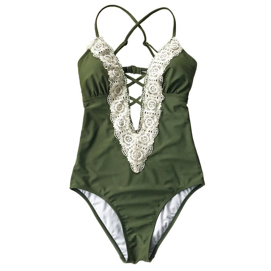 CUPSHE Lace Splicing Back Hook Closure One-piece Swimsuit Women Vintage V-neck Backless Monokini Sexy Bathing Suit Swimwear