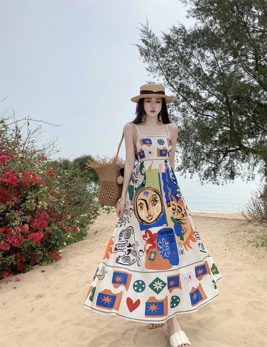 Colorful printed one shoulder sleeveless beach long dress beach strapless suspender dress for women