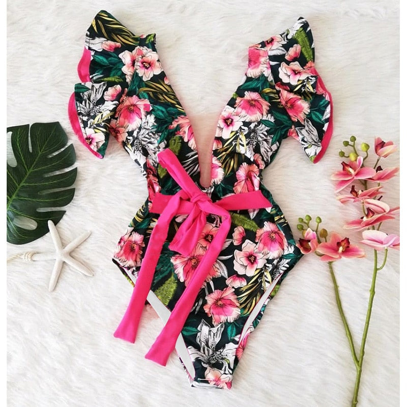 New Print Swimwear Deep V-neck Ruffle Swimsuit Push Up One Piece Swimsuit Beach Wear Backless Monokini