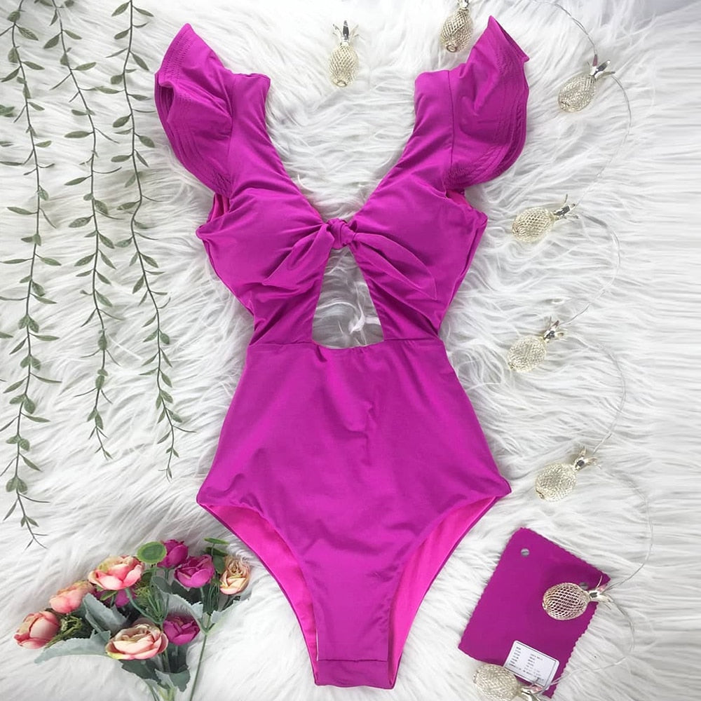 New Print Swimwear Deep V-neck Ruffle Swimsuit Push Up One Piece Swimsuit Beach Wear Backless Monokini