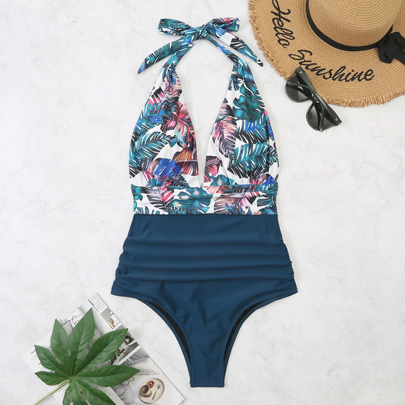 New Swimsuit Women's One Piece Backless Sexy Color Matching Belly Cover Bikini