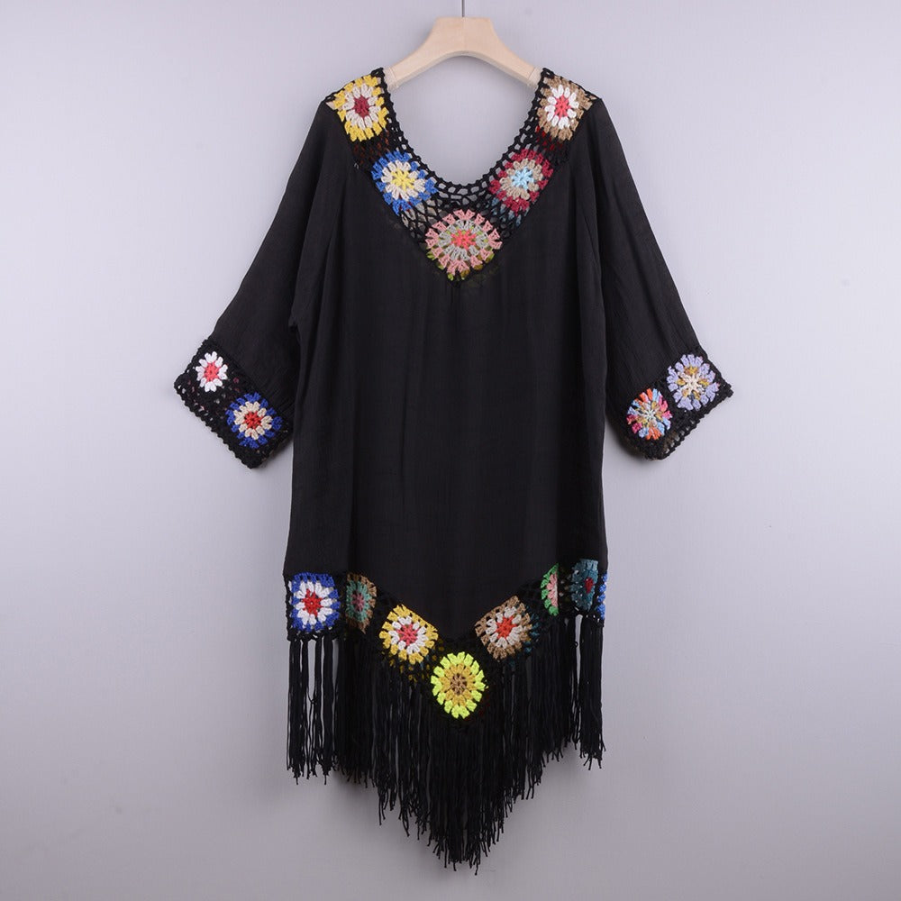 New Off Shoulder 3/4 Sleeve Hooked Flower Splice Irregular Tassel Beach Sunscreen Cover Up Ethnic Style Dress