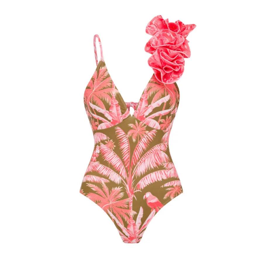 3D Flower New V Neck One Piece Swimsuit For Women Swimwear With Skirt Bathing Suit Monokini Beach Bodysuit Beach Wear